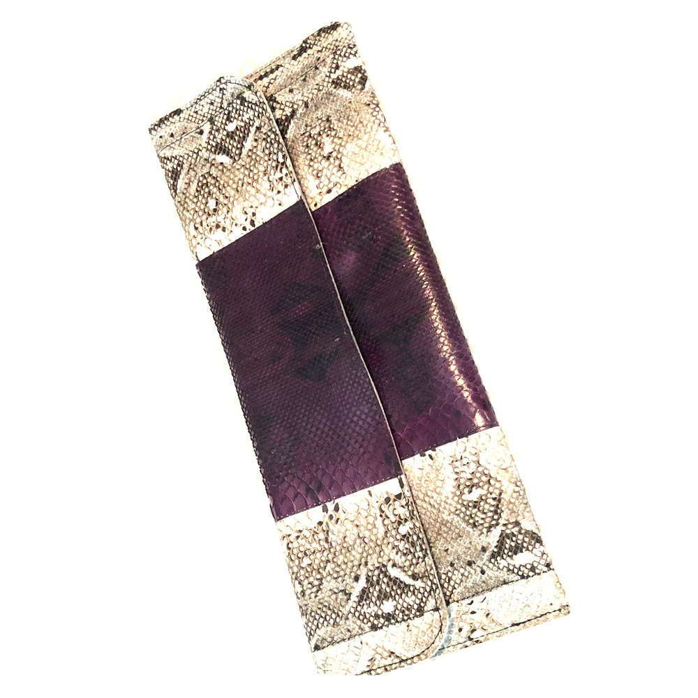 Gray and purple snake skin clutch